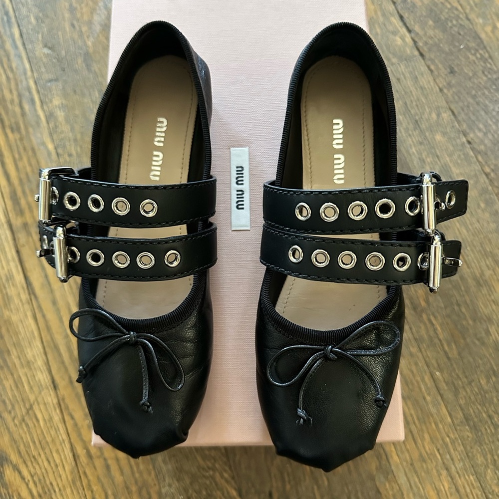 MIU MIU Black Ballet Double Buckle Flats 35.5 IT/5.5 US